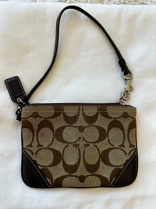 Coach Brown Tan Signature Canvas Wristlet - Picture 1 of 6
